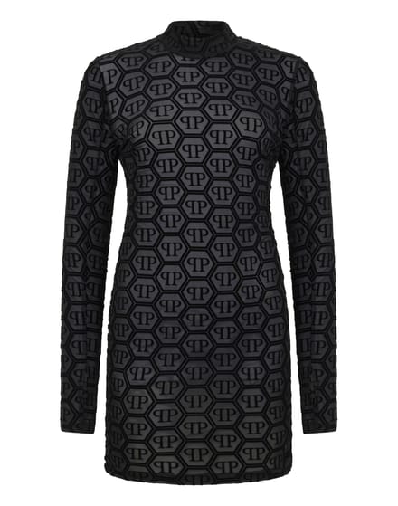 Tulle Long-Sleeved Mini Dress Monogram Jacquard