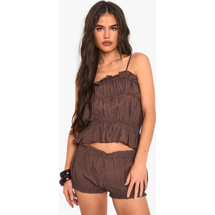 boohoo Dames Cami met getextureerde streep en ruches | Chocolate | Maat: 8