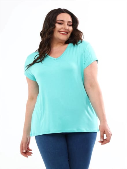 Dames 4XL V-Hals Basic Kortemouw T-Shirt, in Grote Maten Mintblauw Blouse