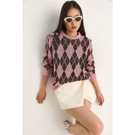 Dames Crewneck Gebreide Trui met Diamantpatroon