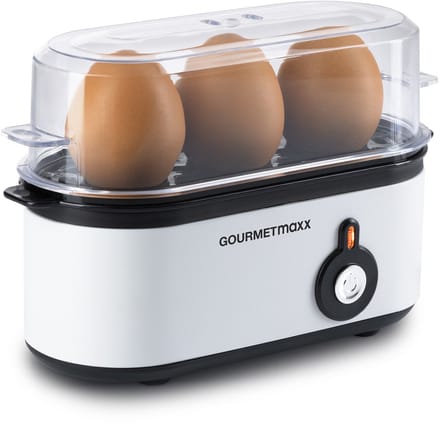 GOURMETmaxx Eierkocher für 3 Eier | Egg Boiler mit Eierstecher im Messbecher | Egg Cooker – 3 Härtegrade für deinen Eierbecher | Design Eierkocher klein – spülmaschinenfeste Teile