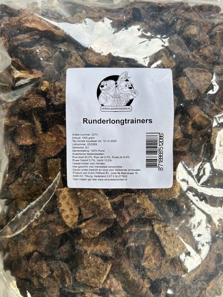 Runderlong Trainers, 1kg, gedroogd, kleine stukken, Versvleeshonden