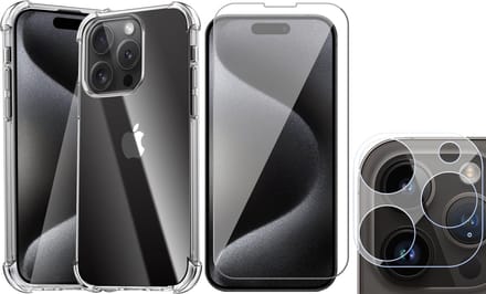 Hoesje geschikt voor iPhone 15 Pro Max - Screenprotector GlassGuard & Camera Lens Screen Protector - Back Cover Case ShockGuard Transparant