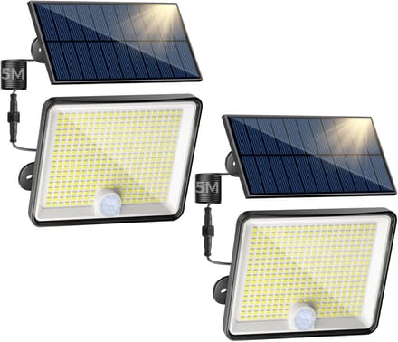 Set van 2 Solar Buitenlampen met Bewegingsmelder en 5m Kabel - 348 LED - IP65 Waterdicht