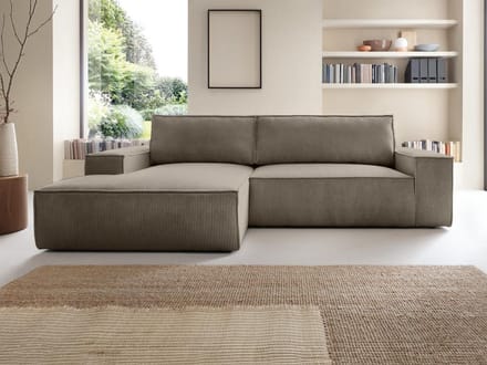 Vente-unique Slaapbank met linkerhoek van taupegrijs ribfluweel AMELIA