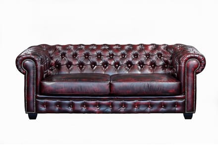 Vente-unique Driezitsbank en fauteuil Chesterfield BRENTON 100% buffelleer - cherry