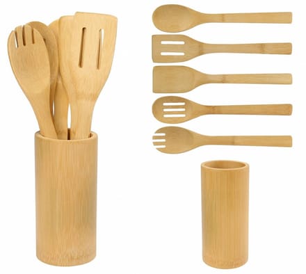 Ravi Bamboe Gebruiksvoorwerp 5 stuks Set + Houder, Set van 6 stuks, Multi kleur, One Size