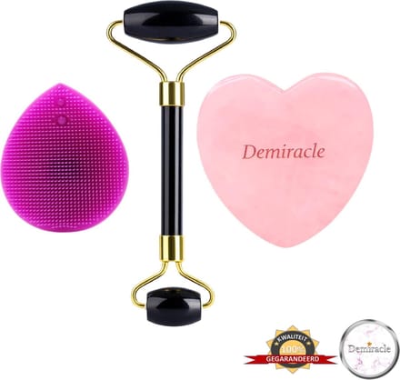 Demiracle® Face Roller & Gua Sha Love Bundle met Paarse Siliconen Gezichtsborstel – Black Obsidian – Rose Quartz – Face Rollers –Gezichtsmassage – Massagetools – Massage - Ontspanning – Kwaliteit