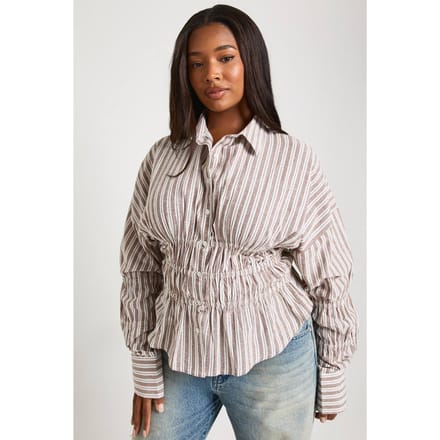 boohoo Dames Plus Pinstripe Poplin Shirt met Gerimpelde Taille | Steen | Maat: 48