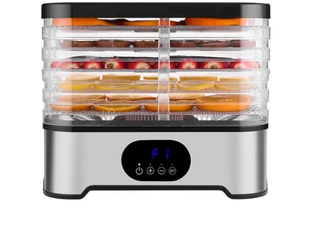 Zilveren voedseldroger 5-laags met timer en temperatuurregeling voor fruit vlees groenten en snacks