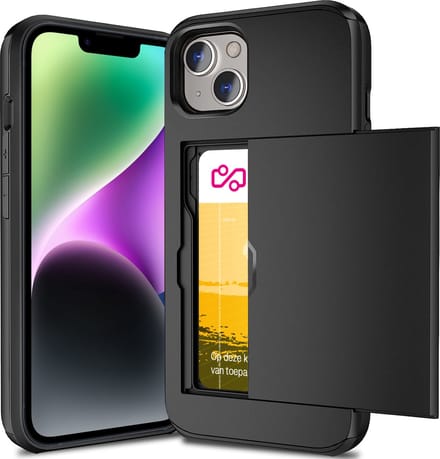 Hoesje met Pasjeshouder geschikt voor iPhone 15 Plus - Back Cover SlideCase Zwart