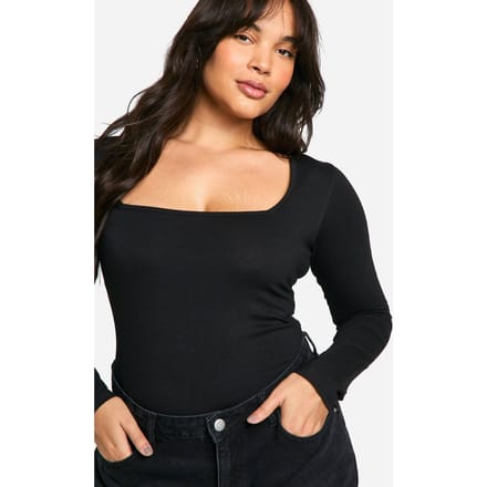 Dames Boohoo Basics Plus Cotton Bodysuit met vierkante hals en lange mouwen | Zwart | Maat: 48