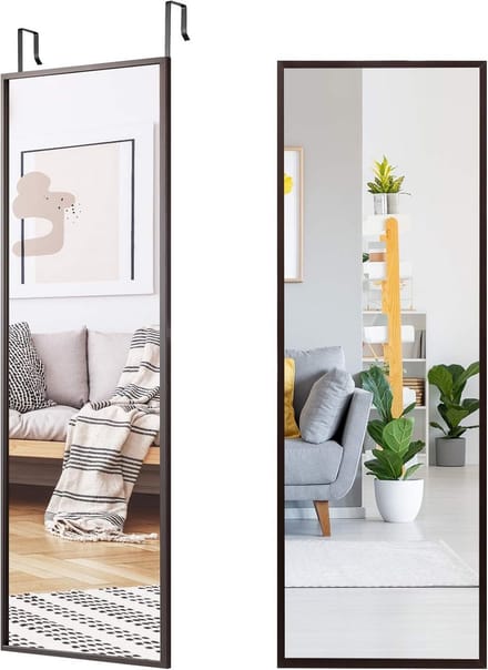 GIANTEX - Door Mirror, Wall Mirror, Full Body Mirror, Surface with Explosion-Proof Layer, with 2 Hooks for Adjusting the Height, Iron Frame, 36 x 1.5 x 107.5 cm (Brown)