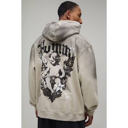 Steenkleurige Oversized Hoodie Met Renaissance-print En Spray Wash | Stone | Size Medium