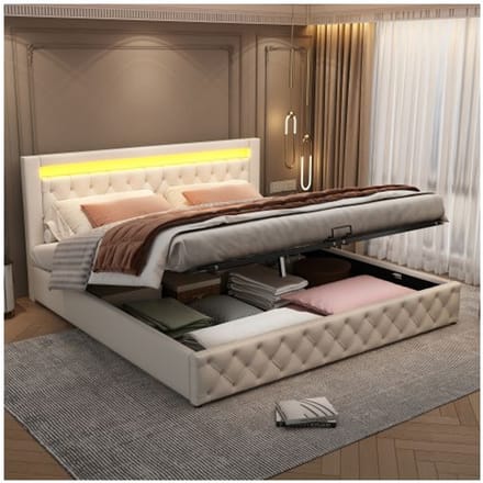 Verlicht - MUVOE - 180 x 200 cm - Gestoffeerd - Opbergruimte - LED-verlichting wit