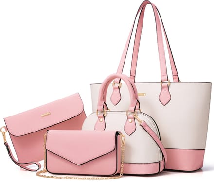 REDOM Dames Handtas Schoudertas Set van 4 - Stijlvol Design - Handtas Dames - Shopper Tas - Kantoor - School - Winkelen - Reizen - Kunstleer - Roze/Wit