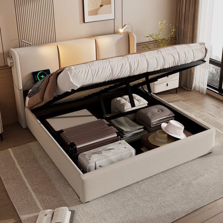 REDOM Opbergbed 160x200 cm – Linnen – Hydraulisch – Leeslamp & USB – Beige – 300 kg