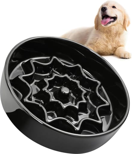 Pet Slow Feeder Ceramic Dog Bowl - Slow Eating Food Bowl for Small Medium Pets - Anxiety Relief Bowl - Black