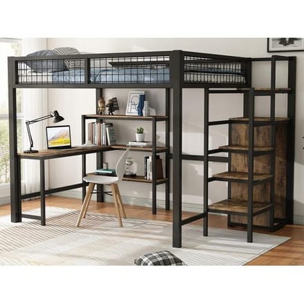 ModernLuxe Hoogslaper 140x200 cm - ijzeren frame - met bureau en planken - Zwart