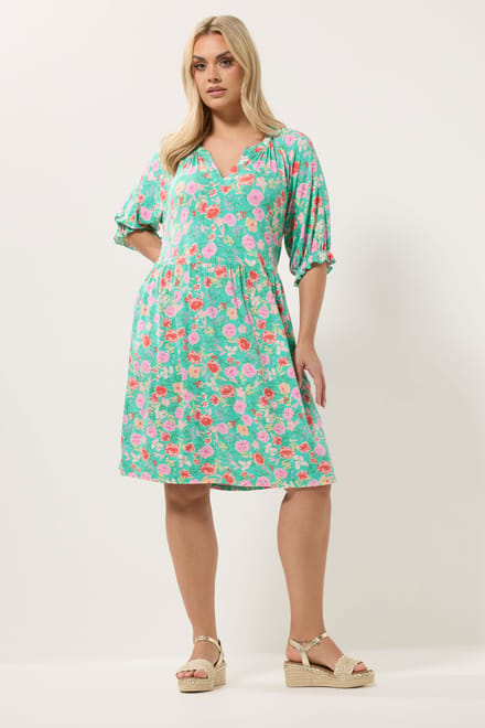 Yours Groene Jurk Met Bloemenprint En Inkeping In De Hals Size 48