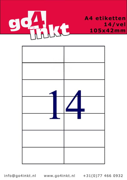 Go4inkt A4 Etiketten 14/vel 105mm x 42mm (100 vel) stickervellen wit