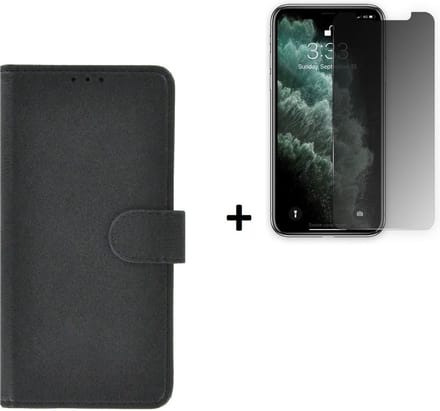 Hoesje Geschikt voor iPhone 11 + Screenprotector iPhone 11 - iPhone 11 Hoes Wallet Bookcase Zwart + Privacy Tempered Glass