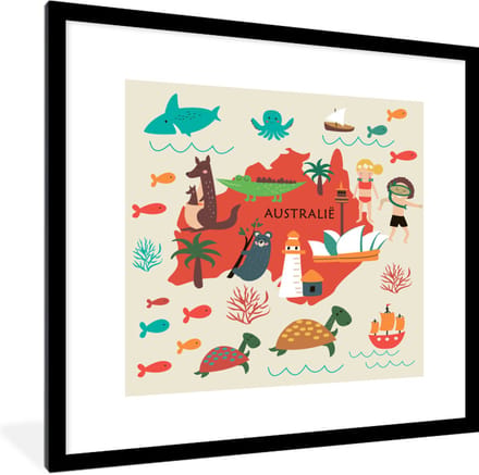 Wereldkaart Kinderen - Australië - Rood - Schoolplaat - Kinderkamer - 40x40 cm