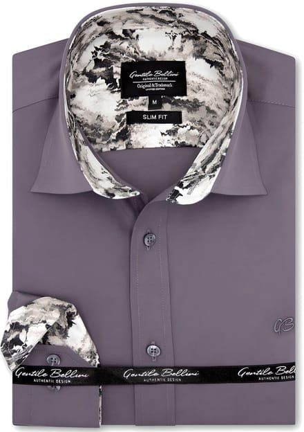 Heren Overhemd - Slim Fit - Paisley Contrastbeleg - Grijs - Maat M