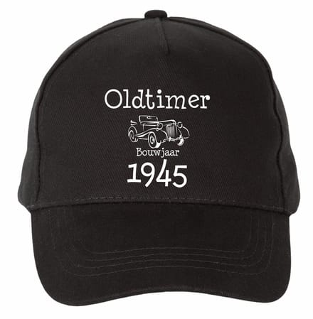 Mijncadeautje - 5 panel - Cap - Verstelbaar - Pet van 100% dik geborsteld katoen- unisex - opdruk wit - Oldtimer 1945 - zwart