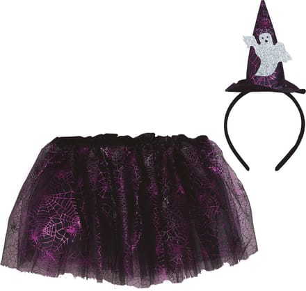 Fiestas Guirca Heksen verkleed setje voor kinderen - rokje en diadeem - zwart - Halloween/carnaval verkleed accessoires