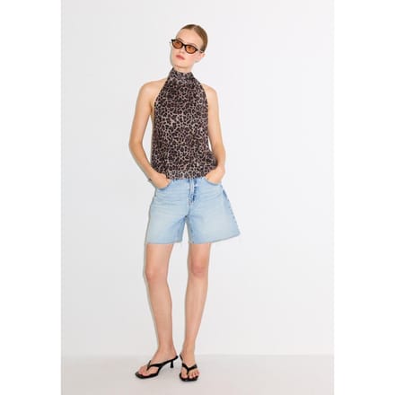 Stradivarius Haltertop van tule met sjaalkraag en print  Middenbeige S