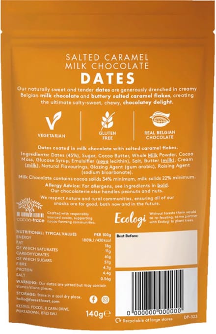 Forest Feast dadels met gezouten karamel en melkchocolade, 140 g