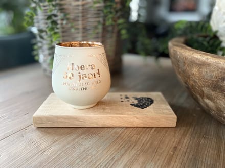 Creaties van Hier - 50 jaar - Kaarsen - Theelichthouder met Plankje - Glas - 9,4x8,9 cm