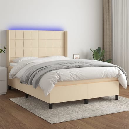 vidaXL - Boxspring - met - matras - en - LED - stof - crèmekleurig - 140x200 - cm