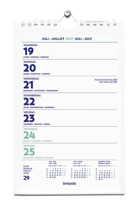 Brepols Wand-week kalender 2027 - Week begint op maandag - 13.5 x 21 cm