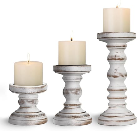 Kandelaars Set - Houten Kaarsenhouders - Sfeervolle Decoratie - Rustiek Gebogen Design - Set van 3 - Verweerd Wit