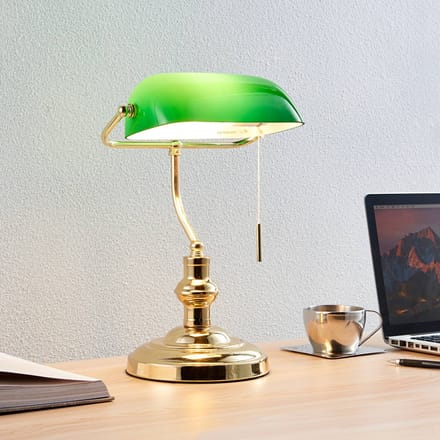 Lindby - bureaulamp - 1licht - Metaal, glas - H: 39 cm - E27 - gepolijst messing, groen