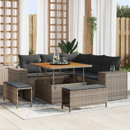 vidaXL Tuinbank Set met kussen met opslag 8 pcs Grijs poly rattan