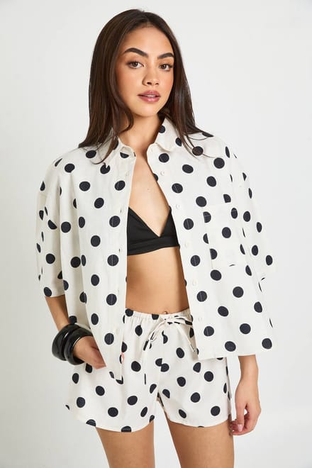 boohoo Dames Gestippeld Linnen-look Boxy Shirt & Short Co-ord | Wit | Maat: 36