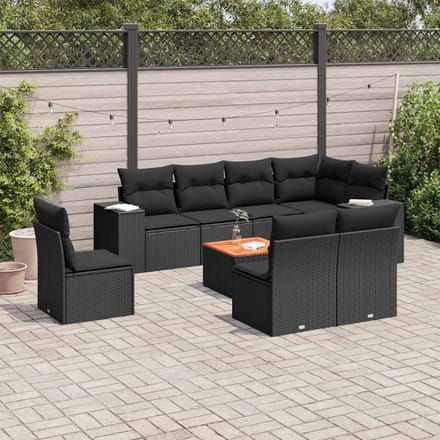 vidaXL - 9-delige - Loungeset - met - kussens - poly - rattan - zwart