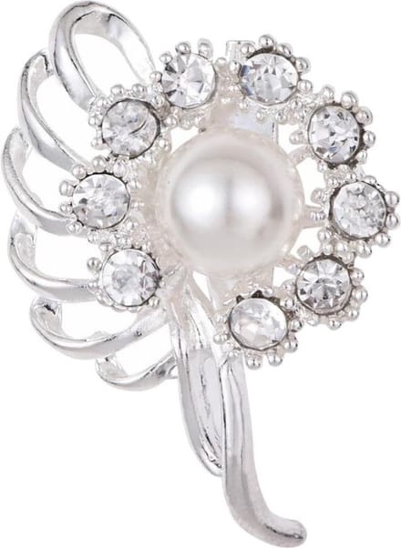 Fako Bijoux® - Broche - Bloem Met Parel - 26x38mm - Zilverkleurig