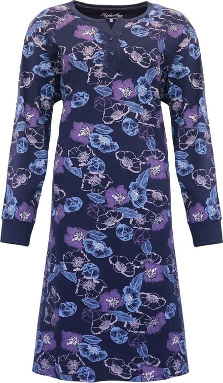 Medaillon Dames Nachthemd - 100% Katoen - Gebloemd - Blauw - Maat S