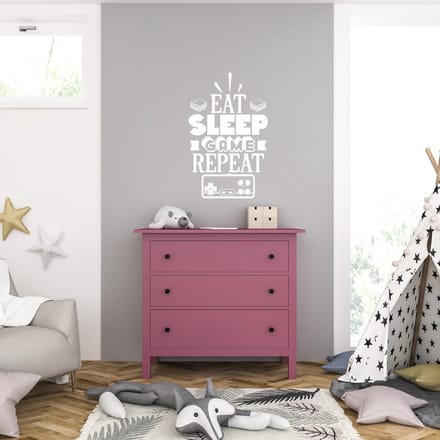 Muursticker - Eat Sleep Game Repeat - 40,6 x 64,4 - Wit
