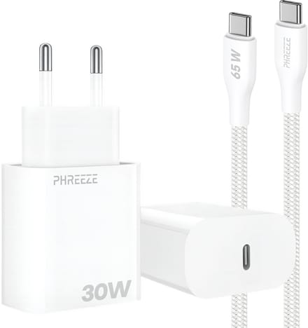 Phreeze usb C snellader 30W met usb C naar usb C kabel 1 meter - Gevlochten Wit
