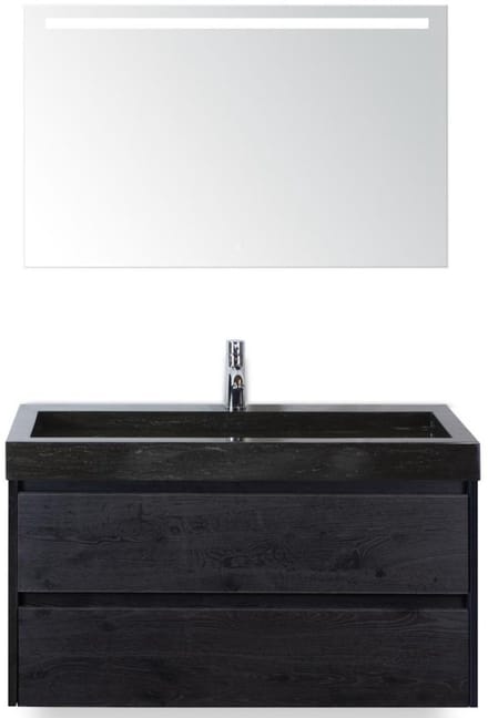 Dante Badmeubelset 100 cm - Black Oak - Wastafel Hardsteen Wit Lucca met Sence Spiegel