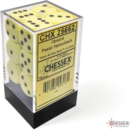 Chessex 12 x D6 Set Opaque Pastel 16mm - Yellow/Black
