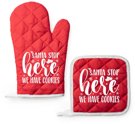 EIZOOK Kerst Kookset – Rode Ovenwant en Pannenlap met Speelse Tekst Print - SANTA STOP HERE WE HAVE COOKIES