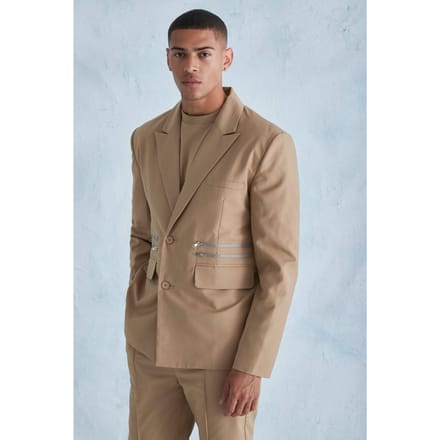 Oversized Boxy Zip Suit Jacket | Camel | Size 48