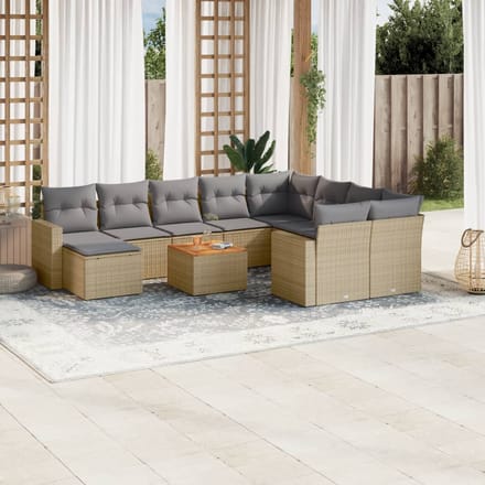 vidaXL - 11-delige - Tuinset - met - kussens - poly - rattan - beige