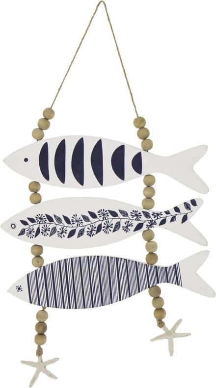 J-Line hanger Vis - hout/touw - blauw/wit - 4 stuks